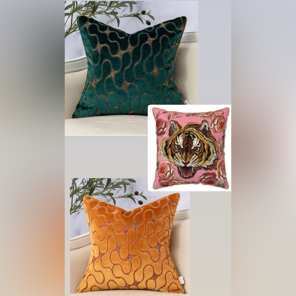 Set of 4 Decorative Throw Pillow covers - Green, Orange, and Tiger Design
